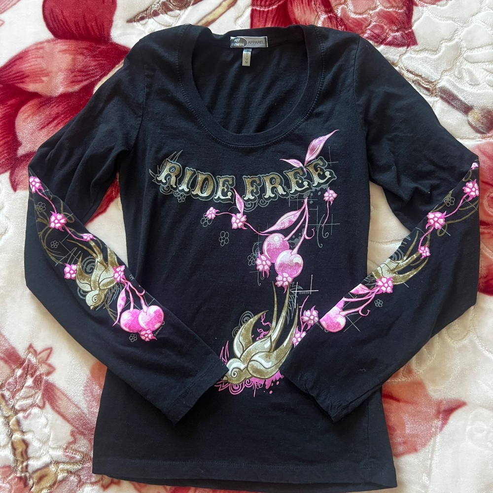 Black Long Sleeve graphic top with Pink Floral Design